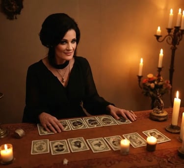 Tarotista con cartas de tarot de Marsella en la mesa, rodeada de velas en un ambiente cálido y místico.