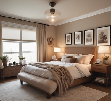 A cozy bedroom featuring modern furnishings and calming colors designed for restful stays.