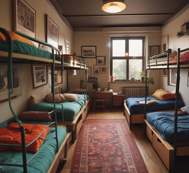 A modern hotel room with a sleek, minimalist design featuring a large bed with white linens and a navy bolster pillow. The room has a patterned blue carpet and a navy blue ceiling that contrasts with the white walls. There is a large mirror above the bed and two bedside tables with lamps. Large windows with cityscape views provide natural light. Additional furnishings include a white chair with navy accents and a work desk with a television and a coffee machine nearby. Exposed brick walls add a touch of industrial style.