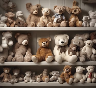 étagère rempli d'ours et d'animaux en peluches doudous