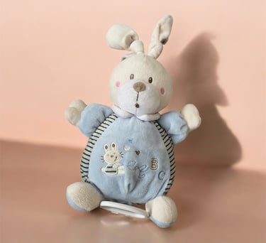 peluche doudou musical simba toys nicotoy lapin bleu et blanc ABC rayé