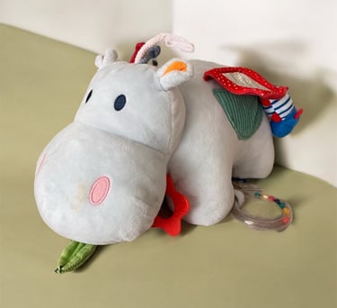 Peluche hippopotame d'éveil bleu rouge vert jouet dentition miroir anneaux minimi