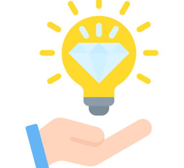 flat-style icon showing a glowing bulb with a diamond inside of it and a hand holding it
