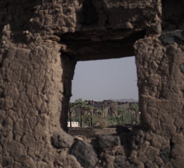 an old cracking stone wall with a small window overlooking a field of dying palm trees 