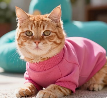 Un adorable gato atigrado naranja con un acogedor suéter rosa, tumbado sobre una suave alfombra.