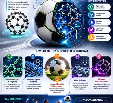 Infographic explaining C60 buckminsterfullerene chemistry in football construction for enhanced performance.