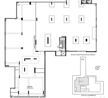 Detailed architectural floor plan of a commercial store space including location map and mezzanine projection.