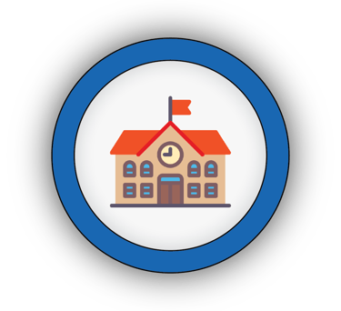 Icon of a school building with a STEM.org accreditation seal of educational excellence.