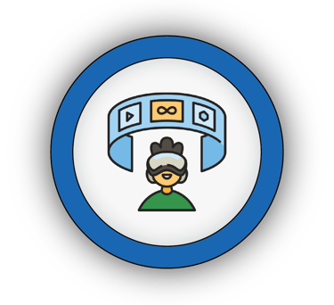 Icon of a student using a VR headset for an immersive learning experience in the classroom.