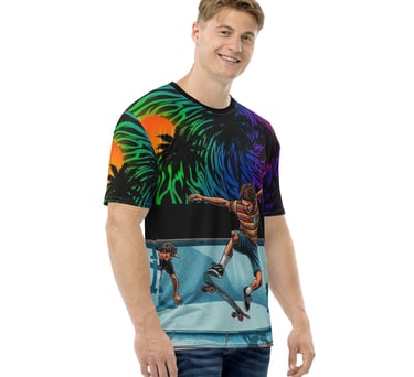 boy multi colored skateboard graphic front right view