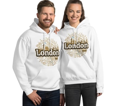 man and woman wearing white hoodie with city of London graphic