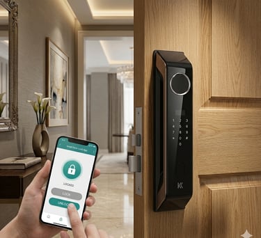A person using a mobile app to control a modern smart door lock with a keypad and fingerprint sensor.