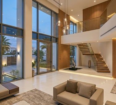 Luxury modern villa interior featuring a double-height living room with floor-to-ceiling windows and wood paneling.