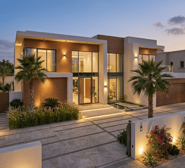 Luxury modern villa exterior with wood paneling, palm trees, and warm evening lighting.