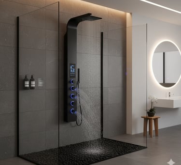 Modern black shower panel with rain shower head and massage jets in a luxury bathroom.