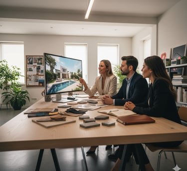Architects discuss a luxury home design with a pool on a large monitor, surrounded by material samples in a modern office.