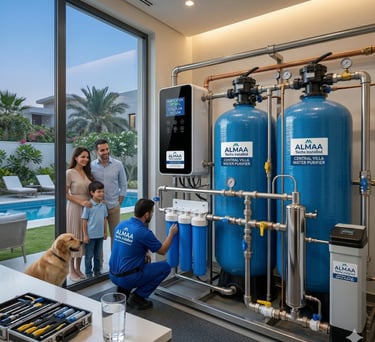 A technician installs a whole house central villa water purifier system for a family at home.