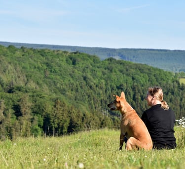 Eine Frau und ihr brauner Hund sitzen auf einer Wiese und schauen auf einen üppigen grünen Wald.