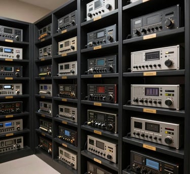 The interior of a radio archive room with neatly organized equipment and sleek black shelving with gold identification labels.