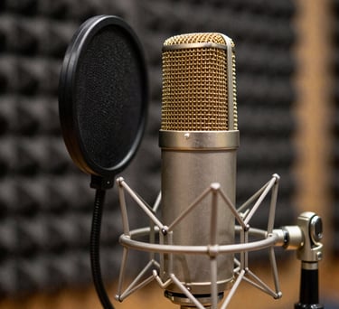 A detailed shot of a condenser microphone with a gold pop filter in a professional radio booth with dark acoustic treatment.