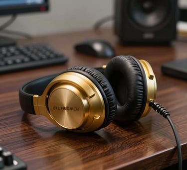 Close-up of professional gold-plated studio headphones resting on a dark, polished mahogany desk in a modern radio booth.
