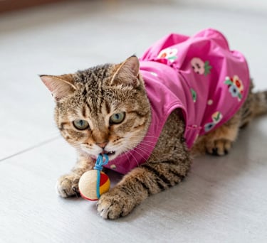 Un gato atigrado con un vestido rosa estampado de flores juega con una pequeña pelota de juguete 