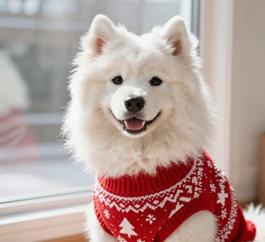 Un perro samoyedo blanco con un jersey navideño rojo festivo, sentado junto a una ventana