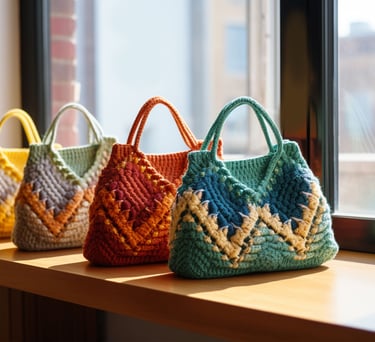 4 bolsos tejidos a crochet en solores vibrantes