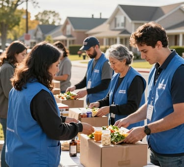 A food distribution event in a North American suburb, organized and clean, volunteers in slate blue vests helping neighbors, warm morning sunlight.