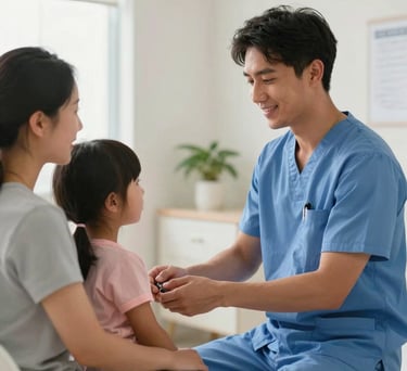 A heart-warming scene of a North American family receiving a wellness checkup in a bright, clean clinic, soft lighting, professional and compassionate mood.