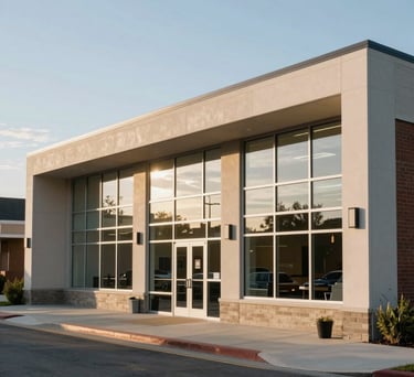 A bright, warm photography of a modern community resource center in a North American neighborhood, clean architecture with large windows reflecting a soft sky blue sky.