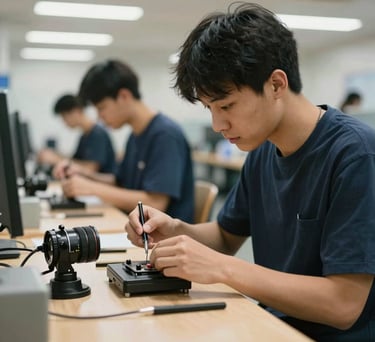 A vocational training workshop in a North American facility, focused on a young adult learning a new skill, clean and professional environment, warm lighting.