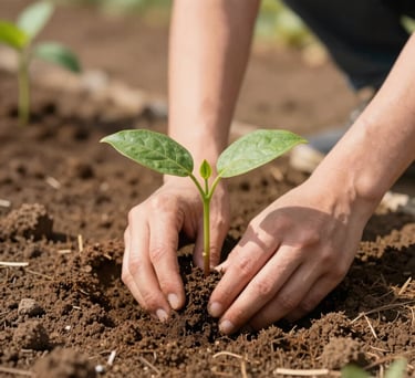 A close-up of hands planting a young sapling in a community garden, soft sunlight, warm terracotta tones in the soil, North American setting, conveying growth and stability.