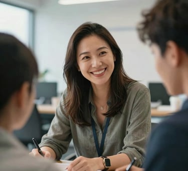 A close-up photograph of a woman in a North American professional workshop setting, smiling warmly while mentoring a young adult. The background is softly blurred, showing a modern, sun-drenched office space with light blue and off-white accents.