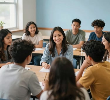 A diverse group of North American youth gathered in a sunny classroom, focused on a mentorship activity, warm and optimistic atmosphere, soft sky blue accents.