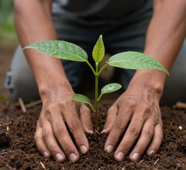 A close-up photograph of a young mahogany sapling being planted in rich Indonesian soil, hands of a Southeast Asian person gently patting the earth, soft morning light, dark green and light green tones.
