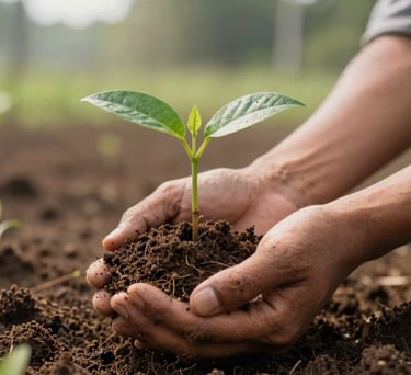 A close-up photography of a young green sapling being held by Southeast Asian hands, preparing for planting in an Indonesian reforestation site, soft morning light, rich soil texture.