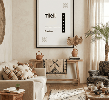 Amazigh proverb poster in bright neutral living room with textured rug and artisan décor