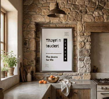 Amazigh wall art displayed in rustic stone kitchen with wooden accents and warm lighting