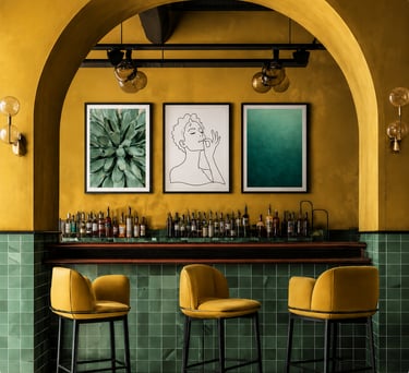 Minimalist wall art with chef’s kiss line art poster displayed in modern bar interior with yellow and green decor