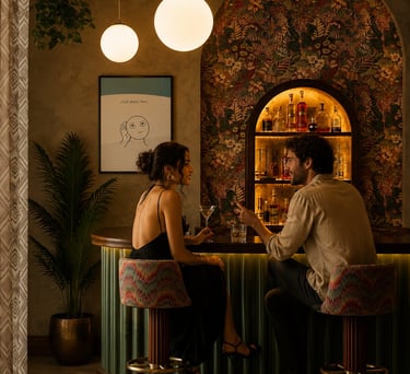 Minimalist wall art with “cool story bro” line art poster displayed in cozy bar interior with couple conversation scene
