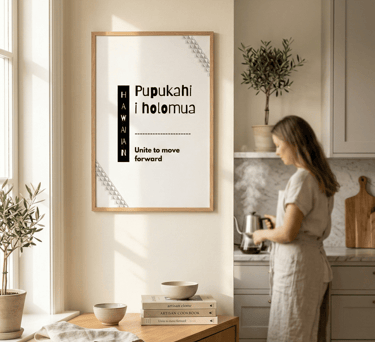 Framed Hawaiian quote “Kulia i ka nuʻu” styled in a bright modern kitchen with warm wood tones.