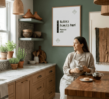 Swahili wall art in cozy kitchen with green walls and woman preparing coffee