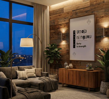 Swahili proverb poster in modern evening living room with warm lighting and wood accents