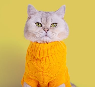 Un gato British Shorthair gris que lleva un cómodo suéter amarillo de punto sobre un fondo amarillo sólido.