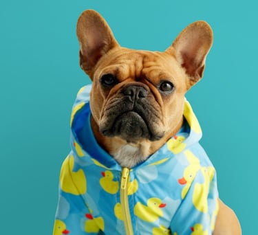 Un bulldog francés marrón con un impermeable de patito de goma azul sobre un fondo color verde azulado.