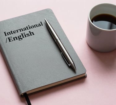 A high-angle photograph of an elegant workspace featuring a grey notebook, a sleek pen, and a ceramic mug on a light pink surface, International / English-speaking professional setting.