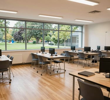 A wide-angle photograph of a bright, modern learning studio with light wood floors and large windows looking out onto a park, International / English-speaking professional setting.
