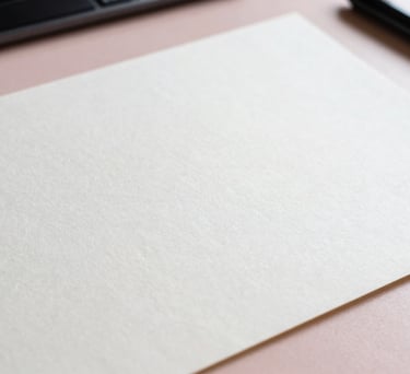 A close-up of a high-quality textured paper with subtle Japanese calligraphy, placed on a light pink desk surface.