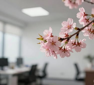A close-up photograph of a minimalist, light pink cherry blossom branch against a clean, out-of-focus modern office background with soft natural morning light.